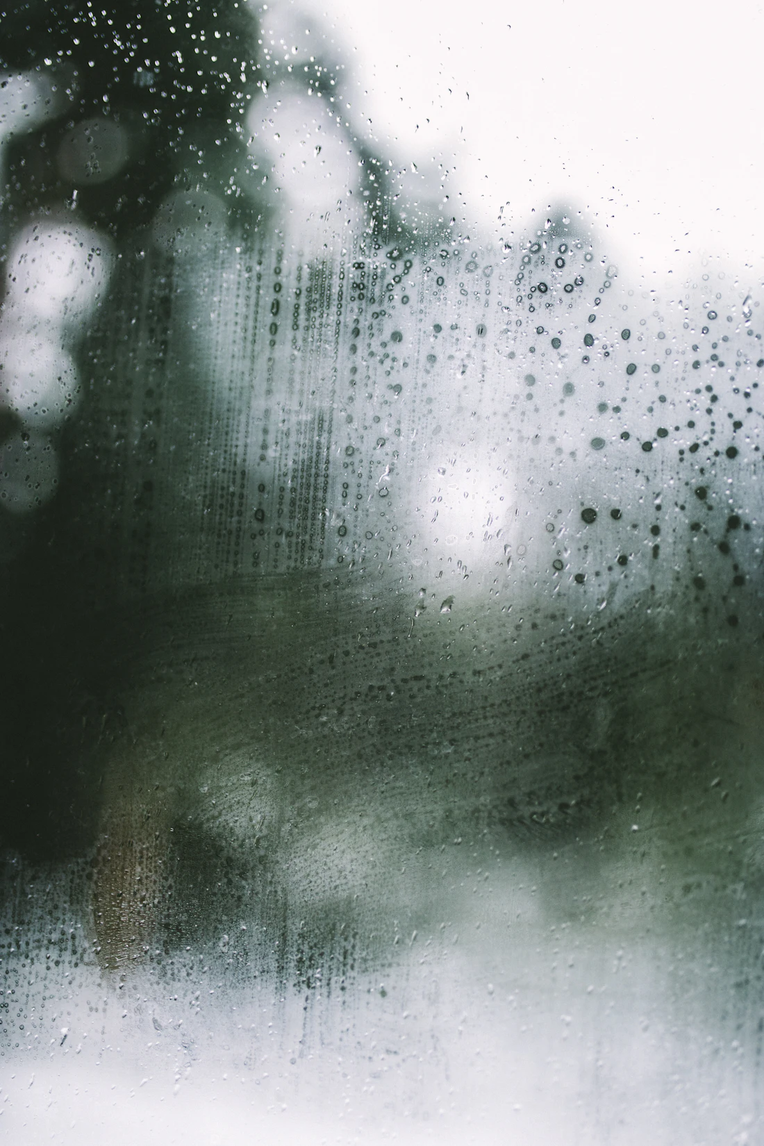 Condensation and moisture gathered on a cold window pane
