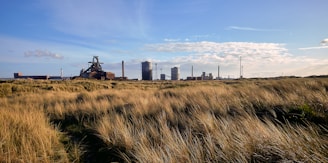 A high temperature pyrolysis system processing biomass with green fields in the background.