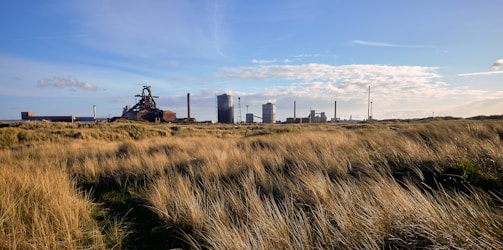 A high temperature pyrolysis system processing biomass with green fields in the background.