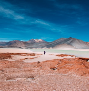 person walking in distance of mountain