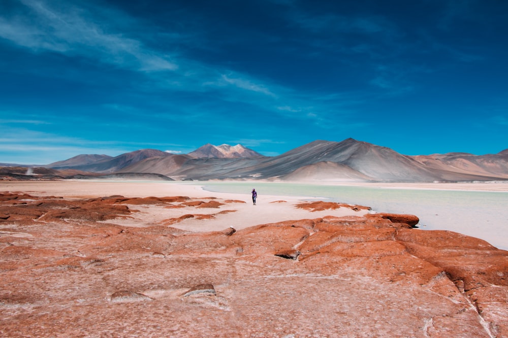 person walking in distance of mountain