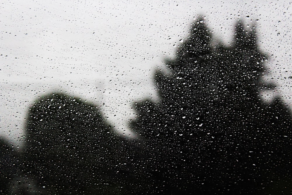 Una vista de un edificio a través de una ventana cubierta de lluvia