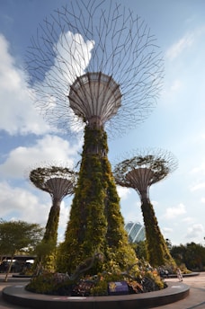 Large artificial structures resembling futuristic trees are covered in lush greenery. These tall, tree-like installations rise against a partly cloudy sky, with their canopies extending outward. Below, smaller plants flourish at the base of these structures. The scene is set in an outdoor environment with additional hints of modern architecture visible in the background.