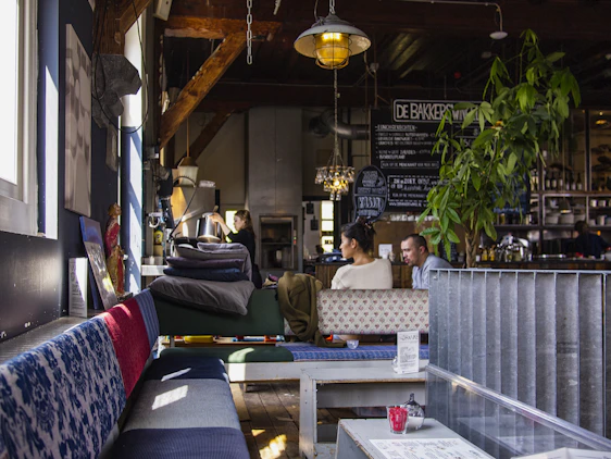 A friendly web designer discussing ideas with a local cafe owner in a cozy, sunlit shop.