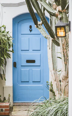 A welcoming home entrance with a soft blue door and a small potted plant, symbolizing care and comfort.