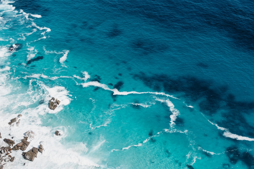 aerial view of seashore with stones