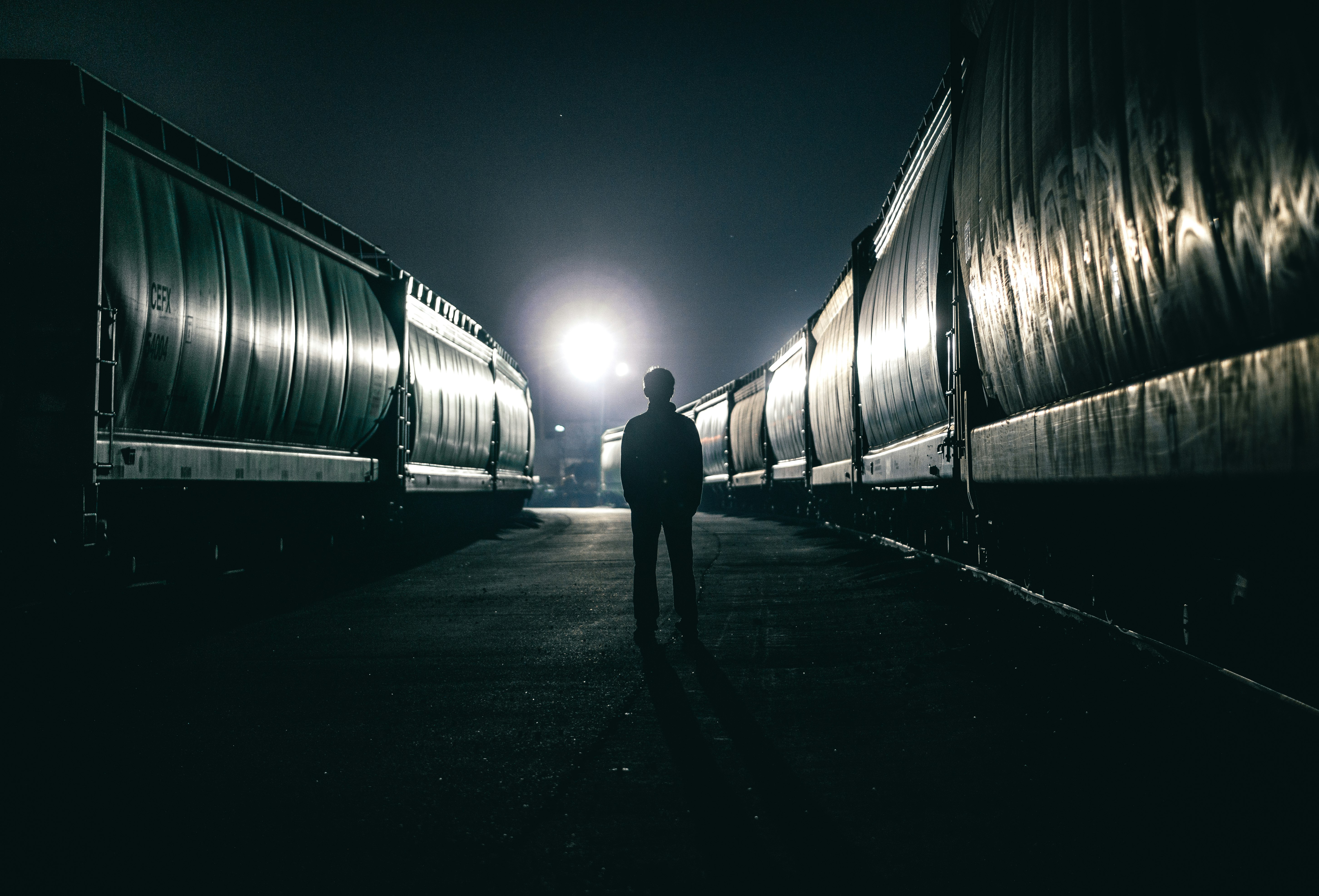 silhouette of man standing beside train