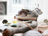 A collection of natural healing tools arranged on a wooden table.