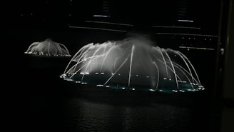 Nighttime scene of a water-based fire cannon illuminating the area with its powerful spray.