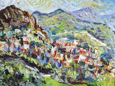 A colorful village landscape from a recent travel, painted with bold brushstrokes.