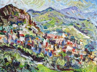 A vibrant neo-impressionist painting featuring colorful landscapes.
