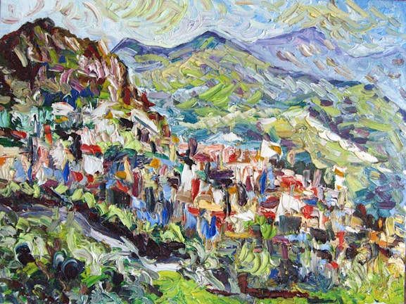 A vibrant, impressionistic painting showcasing a mountainous landscape with rolling hills in the background. The painting features rich and varied brushstrokes, blending colors together to create a sense of texture and depth. The foreground shows a cluster of what appears to be buildings or structures, painted in a mix of reds, blues, and whites. The background includes lush green hills and a partly cloudy sky.