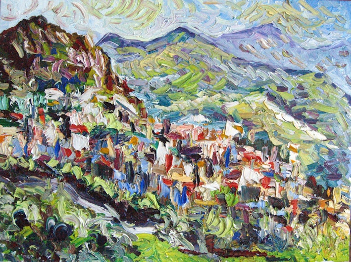 A vibrant neo-impressionist painting featuring colorful landscapes.