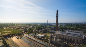 An outdoor view of the factory with clear blue skies.