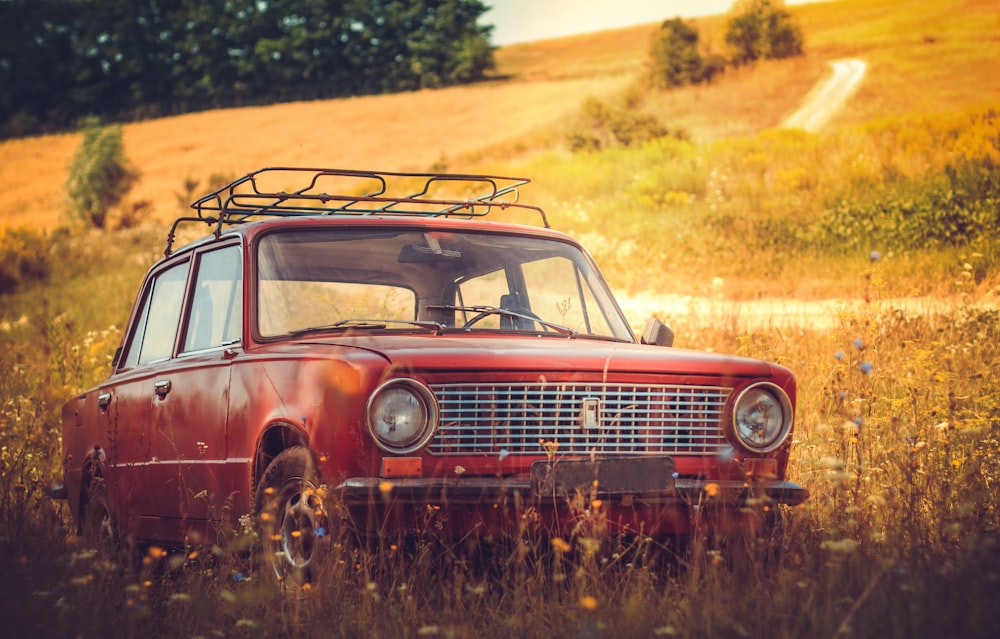 Auto rossa classica sul campo d'erba