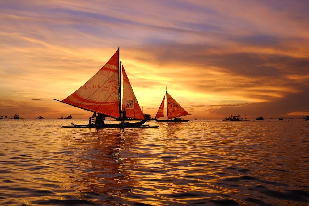 silhouette di barche a vela che galleggiano sullo specchio d'acqua