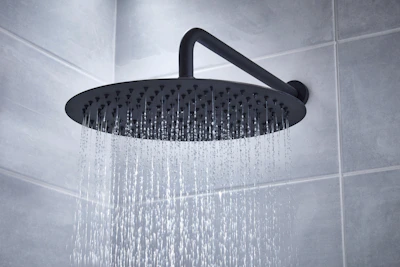 Compact shower head water softener attached to a bathroom shower.