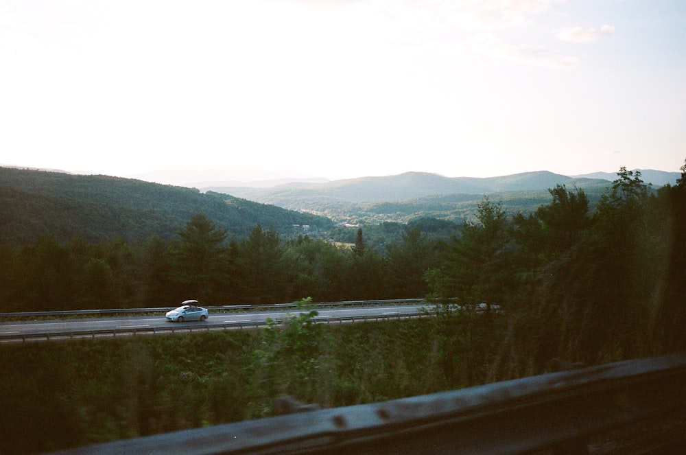 car riding on road between trees near mountain range