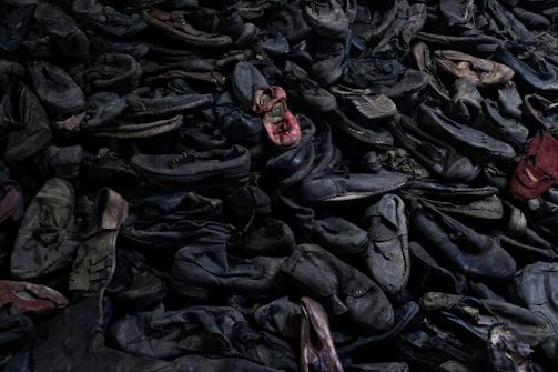 Stack of donated shoes ready for distribution