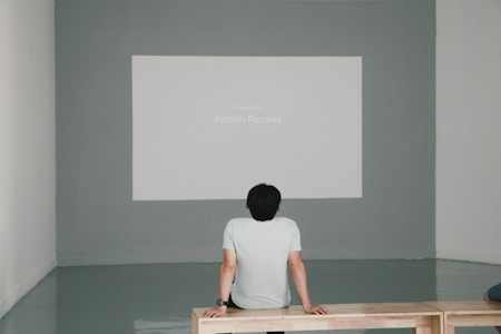 A person sits on a wooden bench facing a projected screen on a gray wall. The screen displays 'Production Apollon Pictures.' The room has minimalistic decor with a polished floor and white walls.
