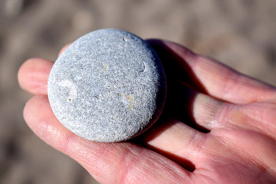 Close-up of hands gently holding a smooth leopard-patterned stone under warm light.