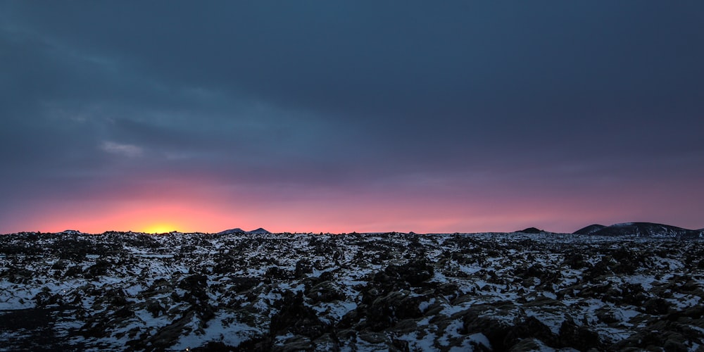 campo innevato con l'alba