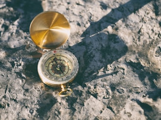 gold-colored compass on stone