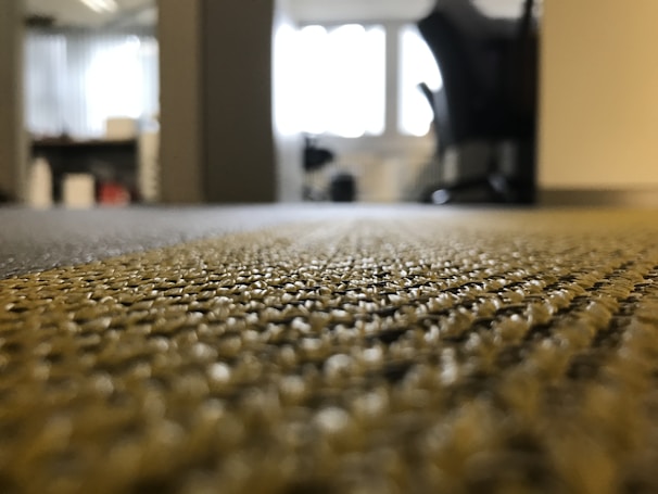 A close-up view of a textured carpet with a blurred background, suggesting an office or indoor environment. The carpet shows intricate weave patterns, and the space appears to be lit by natural light coming through a window.