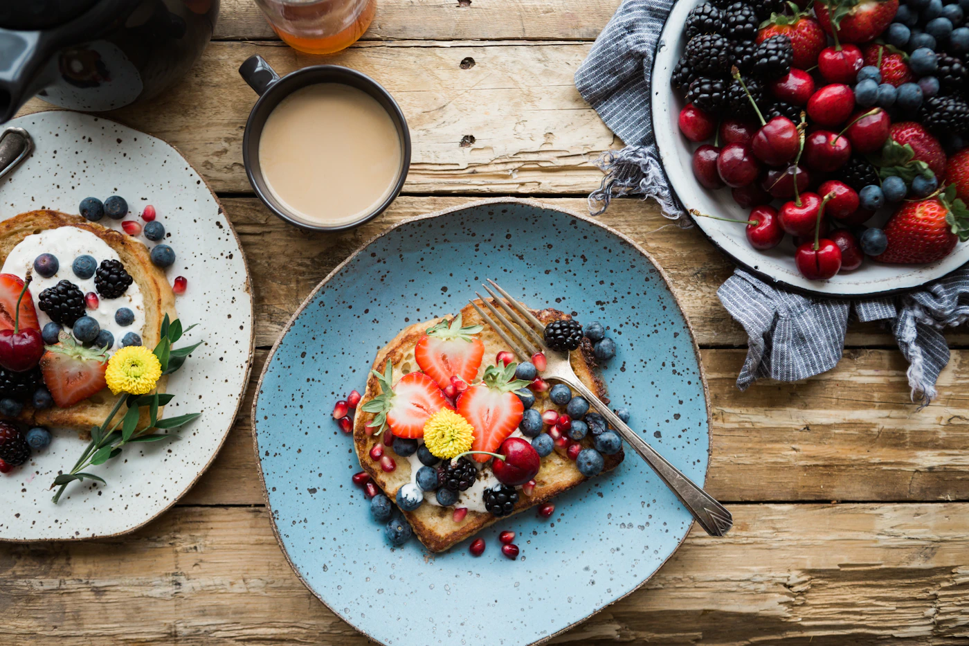 Fresh Finnish breakfast with bread, berries and coffee