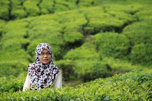 A woman in a floral patterned hijab stands amidst lush green tea plantations. The landscape features well-maintained rows of tea plants that create a textured, verdant backdrop.