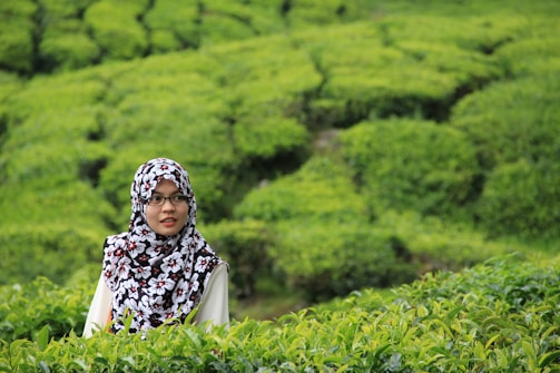 A woman in a floral patterned hijab stands amidst lush green tea plantations. The landscape features well-maintained rows of tea plants that create a textured, verdant backdrop.