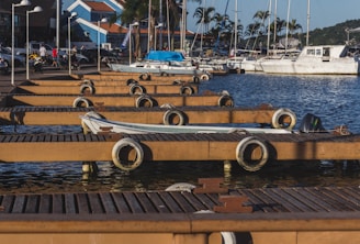 Speedboat docking at a wooden jetty with palm trees swaying in the background.