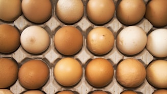 A collection of eggs arranged neatly in a carton, showcasing a variety of brown shades. The surface of some eggs is smooth while others have slight imperfections or speckles. The eggs are aligned in even rows, and the carton provides a textured background.