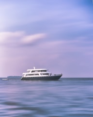 A large yacht is floating on calm waters under a serene sky with gentle light clouds. The yacht is sleek and modern, accompanied by a small boat nearby. The horizon is visible, showing a hint of land in the distance.