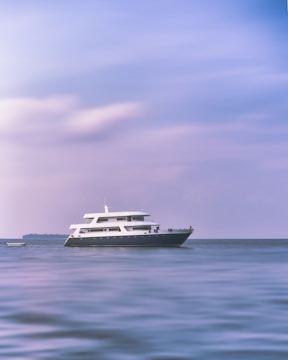 A large yacht is floating on calm waters under a serene sky with gentle light clouds. The yacht is sleek and modern, accompanied by a small boat nearby. The horizon is visible, showing a hint of land in the distance.