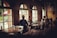 A cozy cafe environment with people sitting at tables, engaged in conversation. Large windows allow natural light to filter in, creating a warm and inviting atmosphere. The interior features wooden tables and a mix of white and dark chairs, with subtle decor enhancing the relaxed vibe.