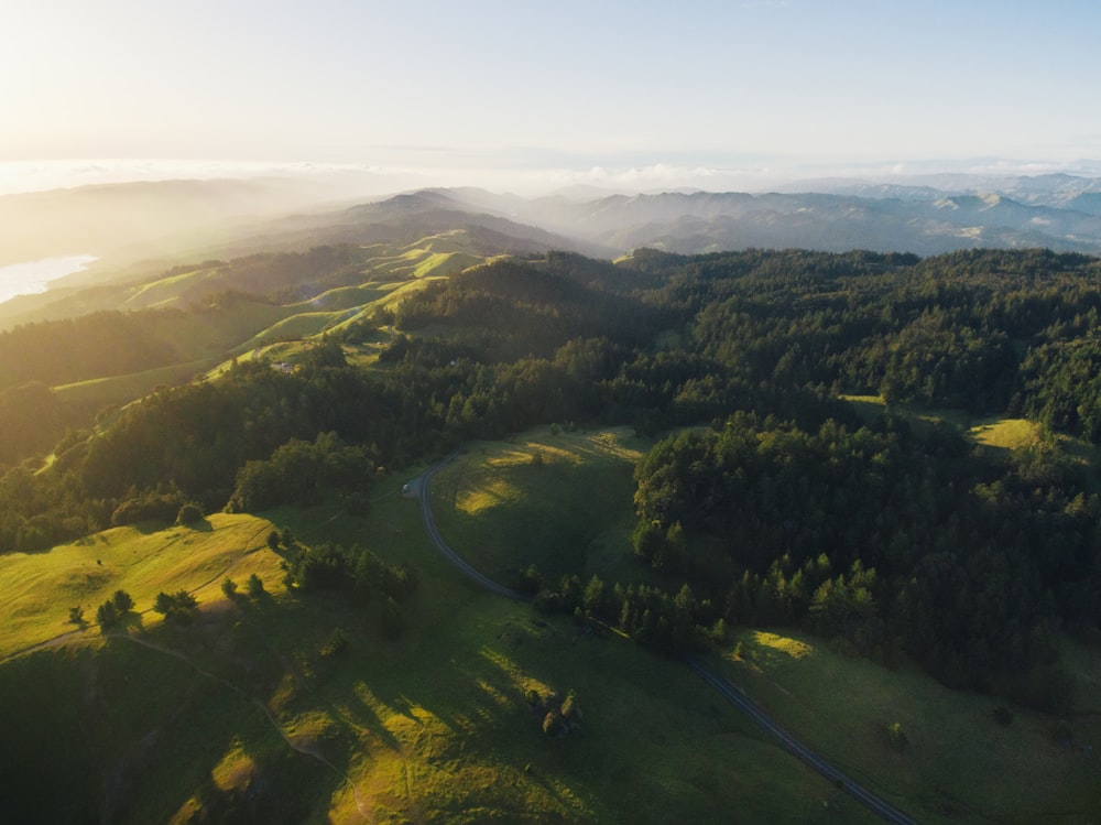 fotografia aérea de montanhas verdes cobertas de árvores verdes durante o dia