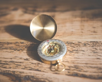 shallow focus photography of compass on brown table