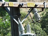 A wooden utility pole featuring transformers and insulators with a 'High Voltage' warning sign. The background is blurred with greenery, indicating a natural outdoor setting.