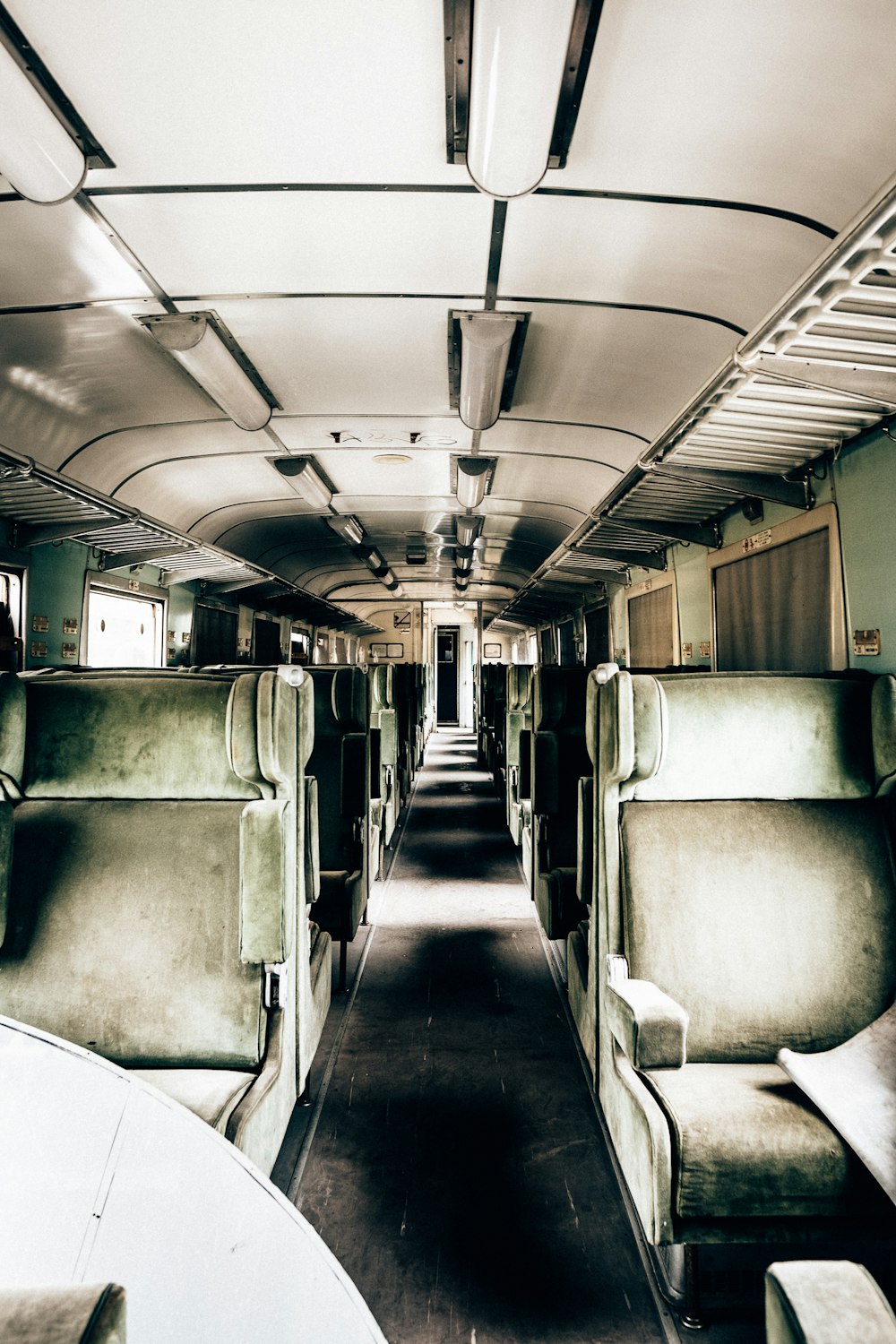green and white train interiors