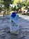 A carton of Vita Coco pure coconut water is placed on a weathered wooden surface. The carton is adorned with images of palm trees and coconuts and features a blue screw cap. In the background, there's a serene park setting with trees, benches, and a pathway.