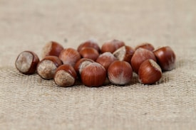 A collection of brown hazelnuts is scattered on a textured beige fabric surface. The nuts have a smooth, shiny shell and are closely grouped together in an irregular formation.