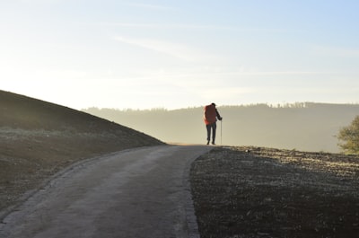 person walking on road during daytime pilgrim teams background