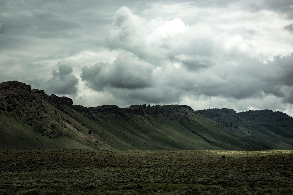 montaña cubierta de hierba verde bajo el cielo blanco y azul