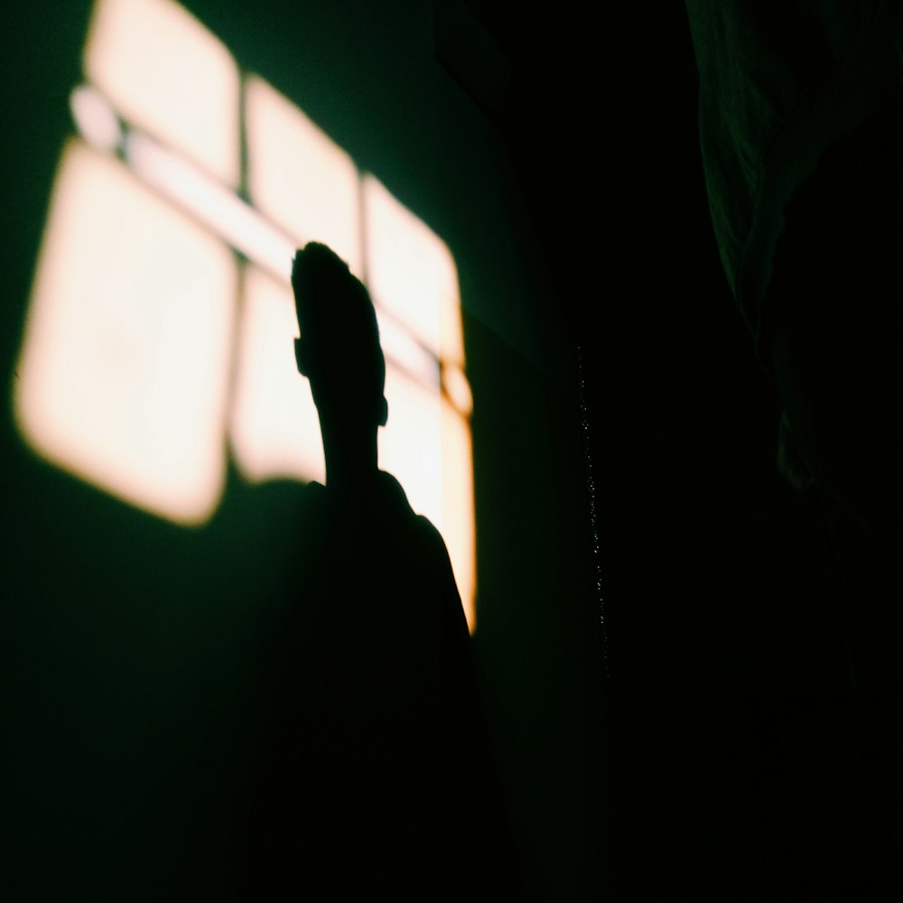 A shadow of a person's face on a bright patch on a dark wall