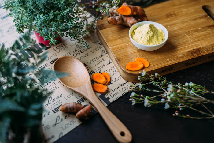 Fresh ginger root on a chopping board