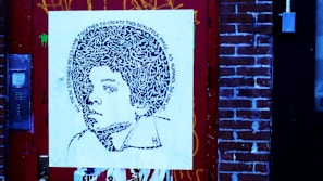 A piece of street art featuring a stylized portrait on a square canvas, mounted against a brick wall. The portrait comprises intricate patterns and text spiraling around the head, depicting a young person with voluminous hair. The surrounding environment includes a detailed red door and brick wall, with visible graffiti and urban elements.