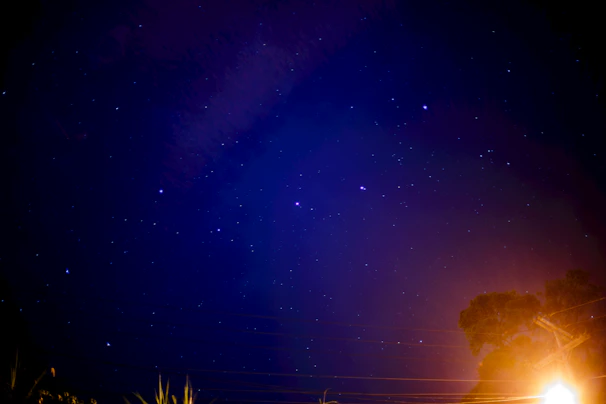 A glowing constellation map over a deep purple night sky with subtle gold accents.