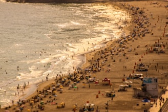 A vibrant beach scene in Ubatuba with families enjoying the sun and waves.