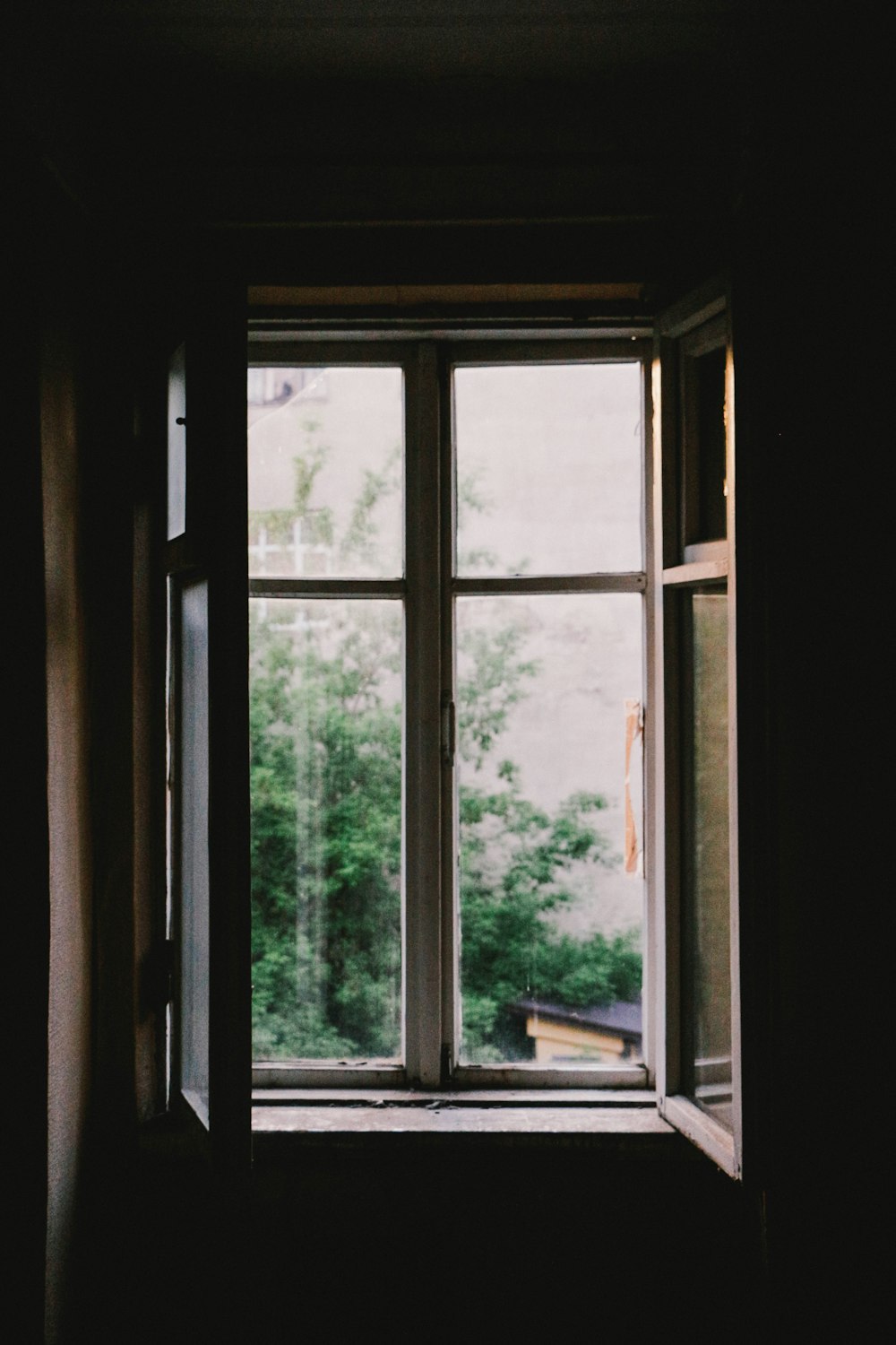 open casement window near plants